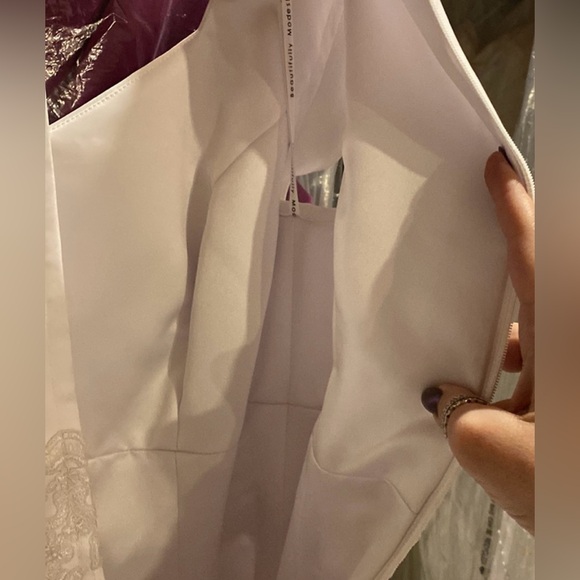 Beautifully Modest white satin and lace drop waist a-line wedding gown w/bolero - Picture 9 of 10